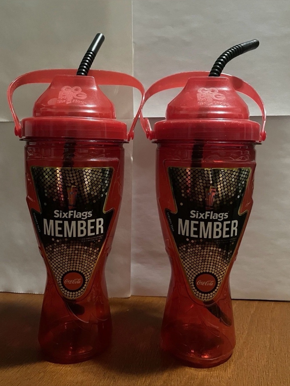 Six Flags Member Red Tumbler Cup Souvenir Flex Straw with Handle Lot Of 2